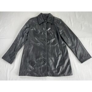Vintage JLC New York Black Leather Button Up Jacket Mid Length Coat Womens L Y2K